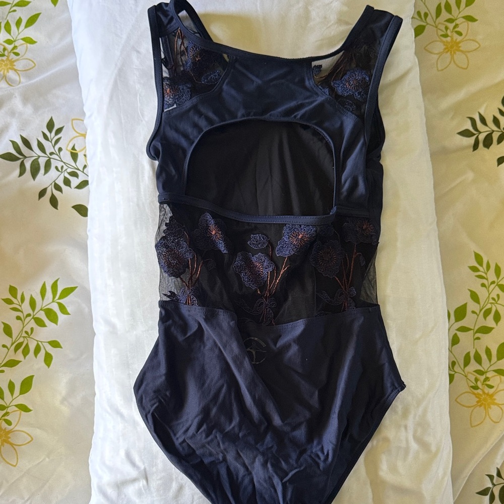 Navy blue Floral Mesh leotard. Classic lines. Beautiful floral back.
